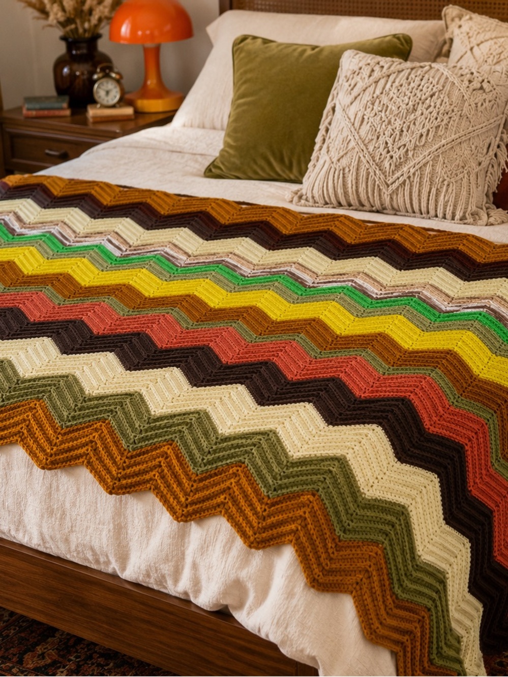 Vintage Handmade Chevron Afghan Blanket | 1970s Earth Tone Crochet Throw | Retro